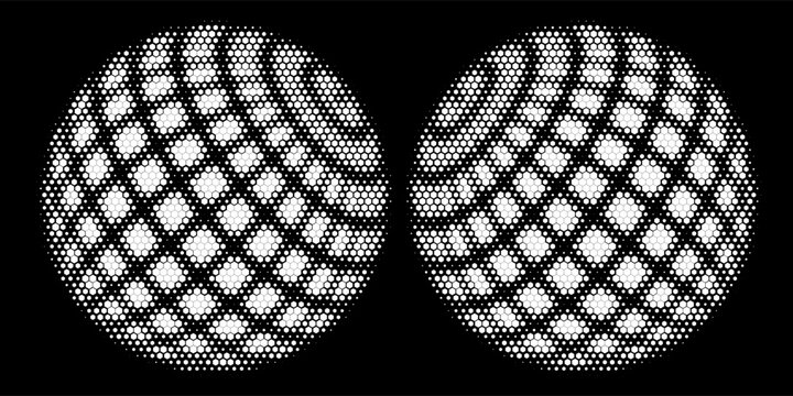 White halftone pattern sphere collection. Hexagon wireframe 3d circle set. Grid globe element bundle. Round dotted shape pack for tech poster, banner, cover, emblem, leaflet. Vector illustration