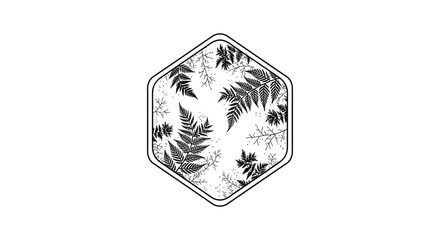 Black and white hexagonal frame with fern leaves and snowflakes © ShahinStock