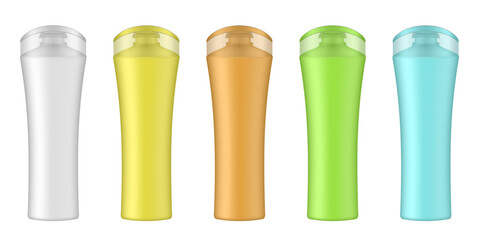 Set of white, yellow, green, blue, and orange cosmetic bottles. Realistic mockup. Korean packaging. Lotion or shower gel. Conditioner or hair mask