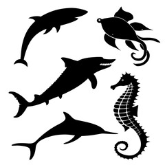 Black silhouette marine animals set fish