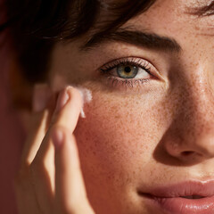 Fototapeta premium Close Up of Woman Applying Cream on Cheek Outdoors