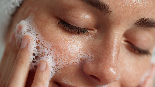 Close Up of Woman Washing Face with Foamy Soap