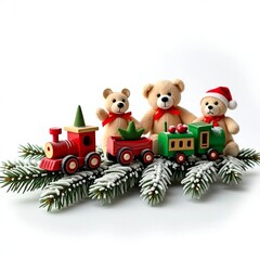 Fototapeta premium Festive Wooden Toy Train and Teddy Bears on Snowy Pine Branches