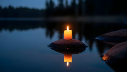 Single candle casting warm glow beside still water