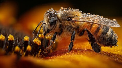 Honeybee gathers nectar from flower covered in water droplets

