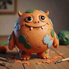 A playful orange monster figure crafted from clay, standing on a wooden surface with sculpting tools nearby