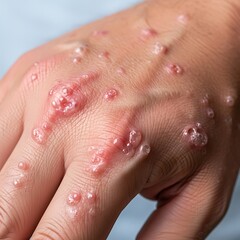Fototapeta premium Monkeypox Rash on Hand - Close-up View of Viral Skin Lesions.