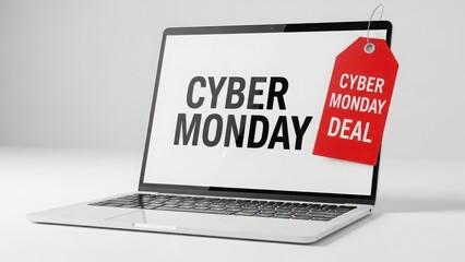Cyber Monday sale promotion on a laptop screen. Online shopping and e-commerce concept with a red deal tag. Isolated on a white background