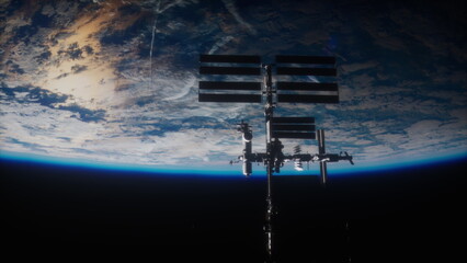 amazing view of the sunlit International Space Station revolving around a planet in orbit. Elements of this image furnished by NASA