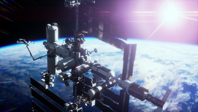International Space Station ISS floating in orbit above planet earth in outer space elements by NASA - Powered by Adobe
