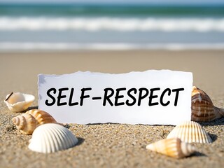 Self respect concept on beach sand with seashells