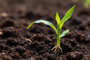 Young corn plant sprouting in rich soil with dew drops on leaves