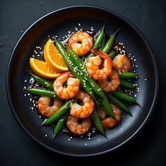 Shrimp and green beans with orange slices