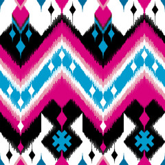 Ethnic ikat dye yarns weaving seamless pattern. Vector hand drawn craftsmanship, embroidery, bohemian, abstract geographic art fabric ikat textile material design for clothing, wallpaper, carpet	
