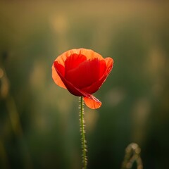 A solitary red poppy flower with morning dew on its petals in a field