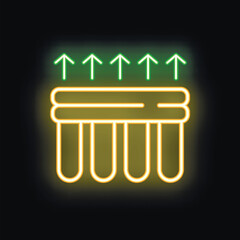 Neon glowing icon of a radiator heating system with green arrows pointing up representing heat