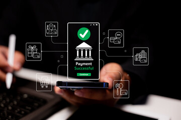 Image depicts a phone displaying a "Payment Successful" message, surrounded by icons representing various payment-related services and transactions.