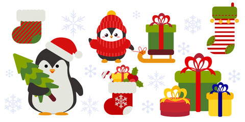 Festive Christmas vector set featuring penguins, stockings, gifts, sleds and holiday decorations. Perfect for winter cards, banners, invitations and seasonal promotional designs