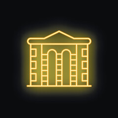 Obraz premium Neon yellow illustration of a building facade with columns and pediment glowing on a black background