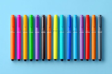 A vibrant collection of colorful marker pens, neatly arranged in a horizontal line against a soft blue background. This cheerful assortment highlights a spectrum of bright hues, symbolizing creativity