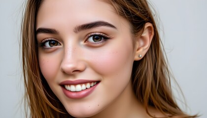Obraz premium Portrait of a Young Woman with a Bright Smile and Natural Beauty in a Closeup Image