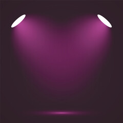 Two purple spotlights illuminating a dark stage or background with a subtle glow.