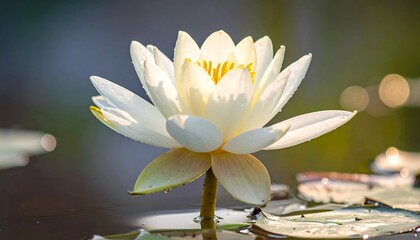 Elegant white water lily in bloom, sunlight on petals. Bokeh background