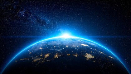 Obraz premium Earth view from space at night, with city lights glowing beneath a blue aura, against a backdrop of stars