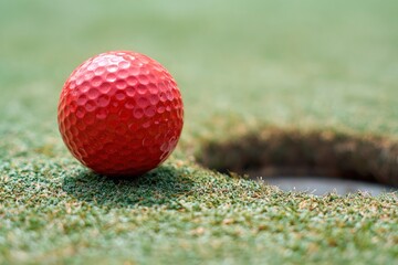 A vibrant red dimpled ball rests precariously close to a dark, circular hole on a finely textured green surface, suggesting a moment of intense anticipation or a successful completion in a recreationa
