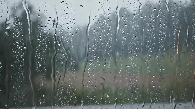 Raindrops sliding down a window glass with a blurred natural green background, perfect for calm atmospheric scenes and bad weather concepts.
