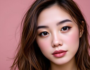 Fototapeta premium Closeup Portrait of a Young Woman with Long Hair and Natural Makeup Against a Pink Background