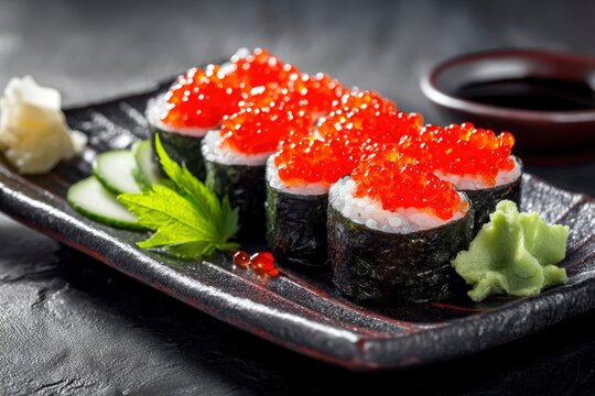 A visually striking close-up of gourmet seafood rolls, meticulously arranged on a dark, textured serving platter. Each bite-sized portion is crafted with fresh white rice, wrapped in dark, savory seaw