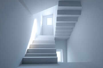 Obraz premium An evocative minimalist interior scene features a pristine white staircase ascending, beautifully illuminated by natural light streaming from a high window. The interplay of stark light and subtle sha