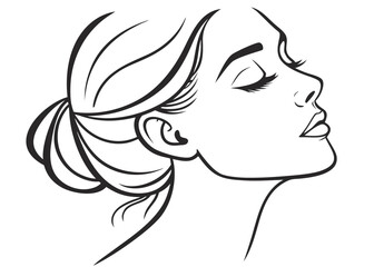 Fototapeta premium A black and white line drawing of a womans face in profile with her eyes closed and hair in a bun on isolated