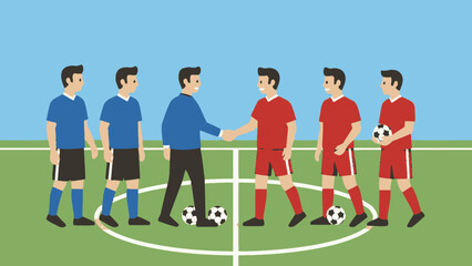 Pre-Match Ritual: Two opposing soccer teams, each embodying camaraderie and sportsmanship, shake hands on a pristine green field, a moment of respect before the fierce competition begins.  © REZA