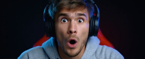 Gamer showing intense surprised facial expressions in a medium shot.