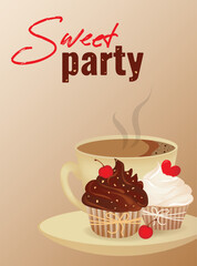 Delicious cupcakes with cup of coffee. Sweet Party Invitation.