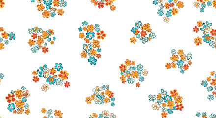 Seamless ditsy floral pattern featuring small, delicate flower clusters in a retro color palette of blue, orange, and red.