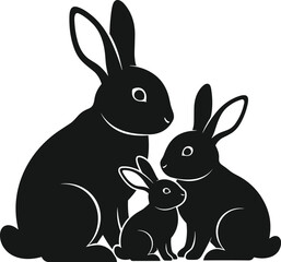 Rabbit family silhouette illustration loving parents with baby bunny wildlife motherhood black and white vector cute animal concept