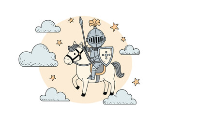 Obraz premium Charming hand-drawn illustration of a cute little knight on a white horse surrounded by clouds and stars in the sky.