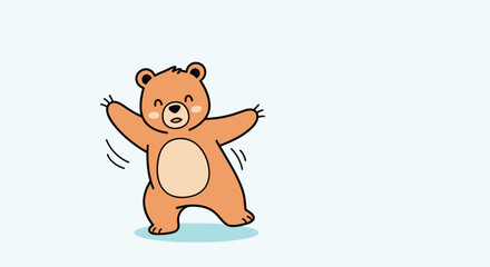 Fototapeta premium Adorable cartoon brown bear standing with open arms for a hug, illustrated in a simple and cute style on a blue background.