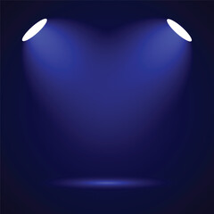 A dark blue background with two bright spotlights illuminating a central empty stage area, creating a dramatic effect.