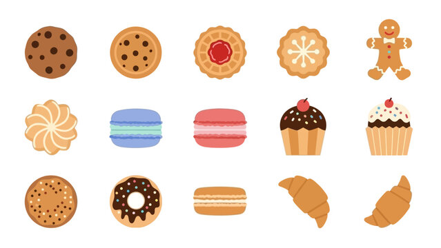 Collection of various sweet baked goods and cookies isolated on white background