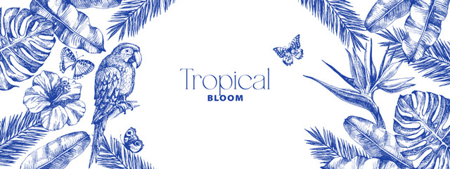Fototapeta premium Vintage tropical frame with exotic vibe. Parrot, tropical leaves, hibiscus, butterflies. Coffee, restaurant, food packaging, event decor concept. Hand drawn sketch vector illustration.