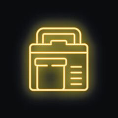 Neon icon of a portable printer with handle and file folder displaying on its screen