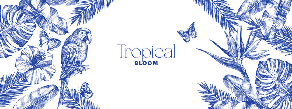 Vintage tropical frame with exotic vibe. Parrot, tropical leaves, hibiscus, butterflies. Coffee, restaurant, food packaging, event decor concept. Hand drawn sketch vector illustration.