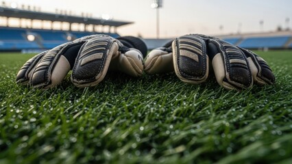 Goalkeeper gloves resting on a soccer field with morning dew. Close-up of football equipment on a green grass pitch in an empty stadium