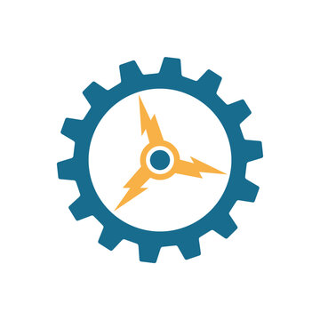 Blue Gear With Yellow Lightning Bolt Clock Symbolizing Engineering, Power, And Fast Technology