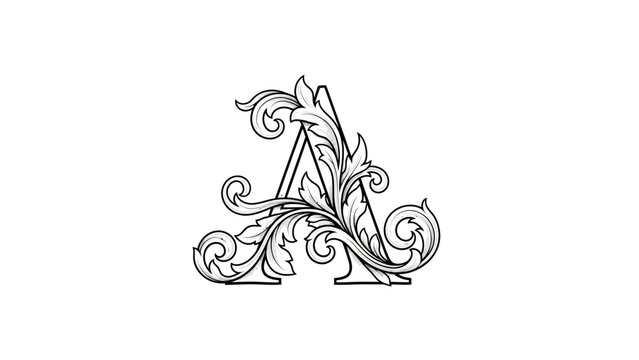 Elegant letter A with baroque floral ornaments in black and white design