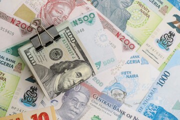 Nigerian naira currency money bills and bunch of us dollar banknotes close up. The concept of economics and currency exchange